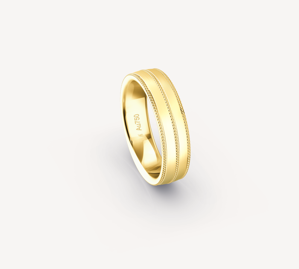 Fine Matt Band in 18K Yellow Gold with Three Row Milgrain - 6mm